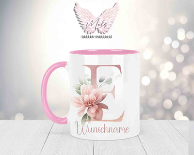 Blumen-Alphabet mit Name - Personalisierte Keramik-Tasse Rosa