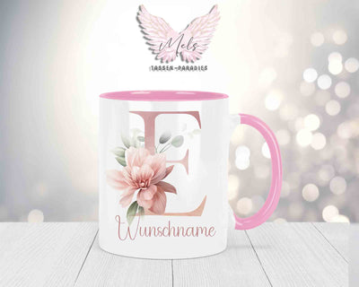 Blumen-Alphabet mit Name - Personalisierte Keramik-Tasse Rosa