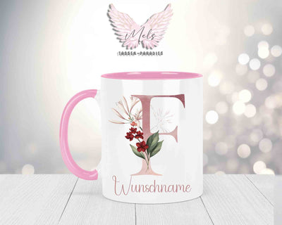 Blumen-Alphabet mit Name - Personalisierte Keramik-Tasse Rosa