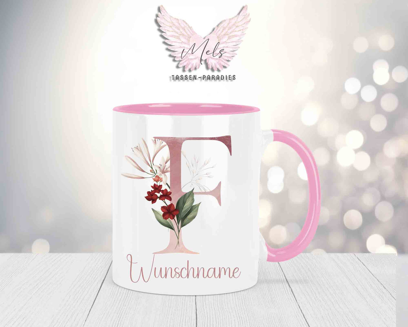 Blumen-Alphabet mit Name - Personalisierte Keramik-Tasse Rosa