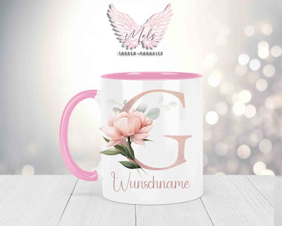 Blumen-Alphabet mit Name - Personalisierte Keramik-Tasse Rosa