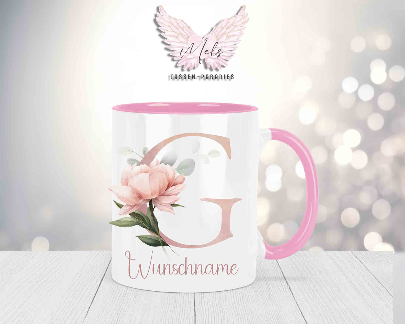 Blumen-Alphabet mit Name - Personalisierte Keramik-Tasse Rosa