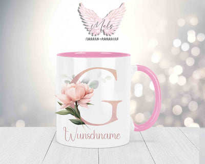 Blumen-Alphabet mit Name - Personalisierte Keramik-Tasse Rosa