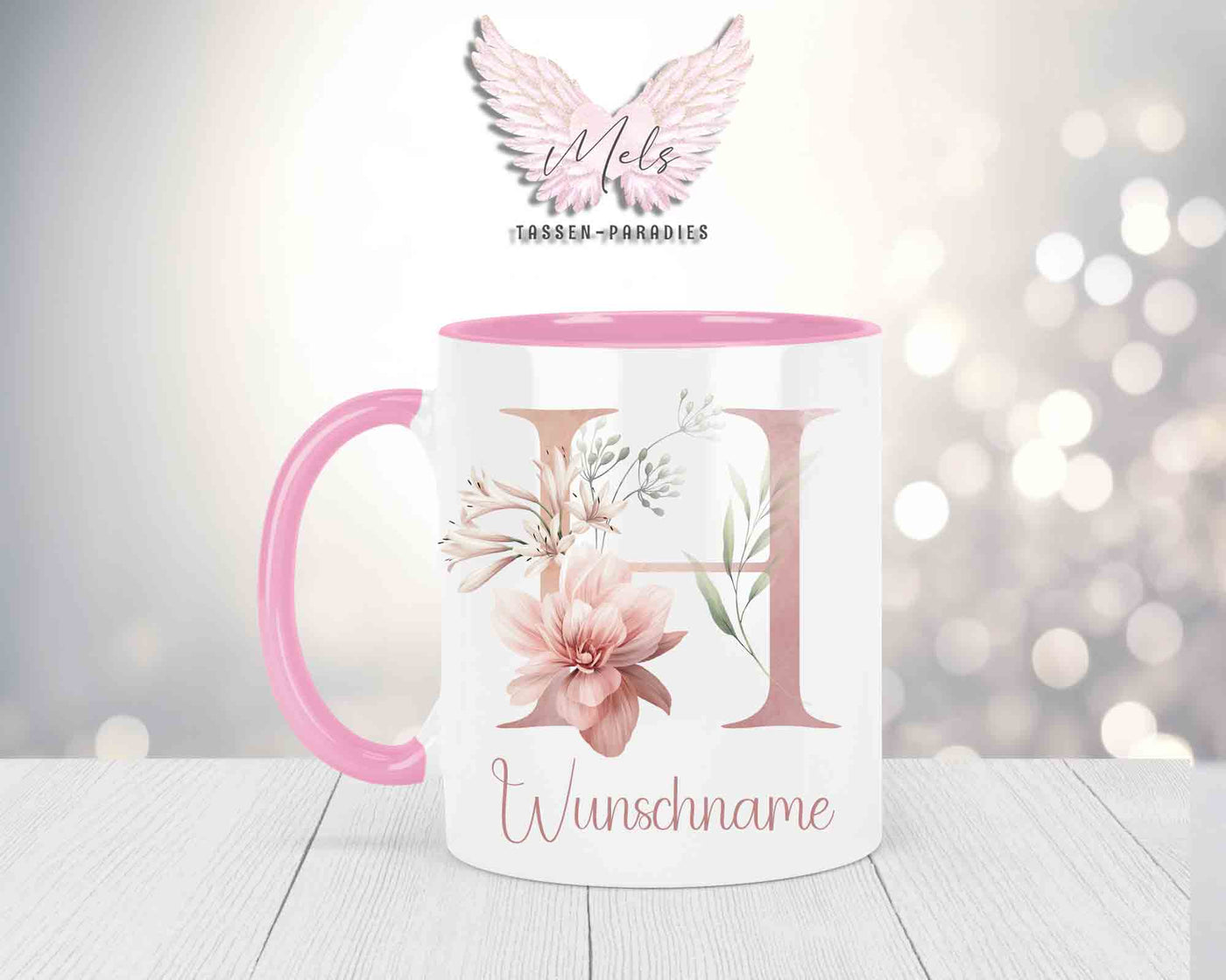 Blumen-Alphabet mit Name - Personalisierte Keramik-Tasse Rosa