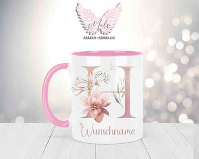 Blumen-Alphabet mit Name - Personalisierte Keramik-Tasse Rosa