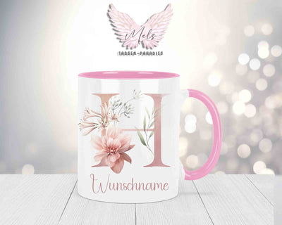Blumen-Alphabet mit Name - Personalisierte Keramik-Tasse Rosa