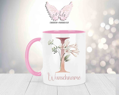Blumen-Alphabet mit Name - Personalisierte Keramik-Tasse Rosa