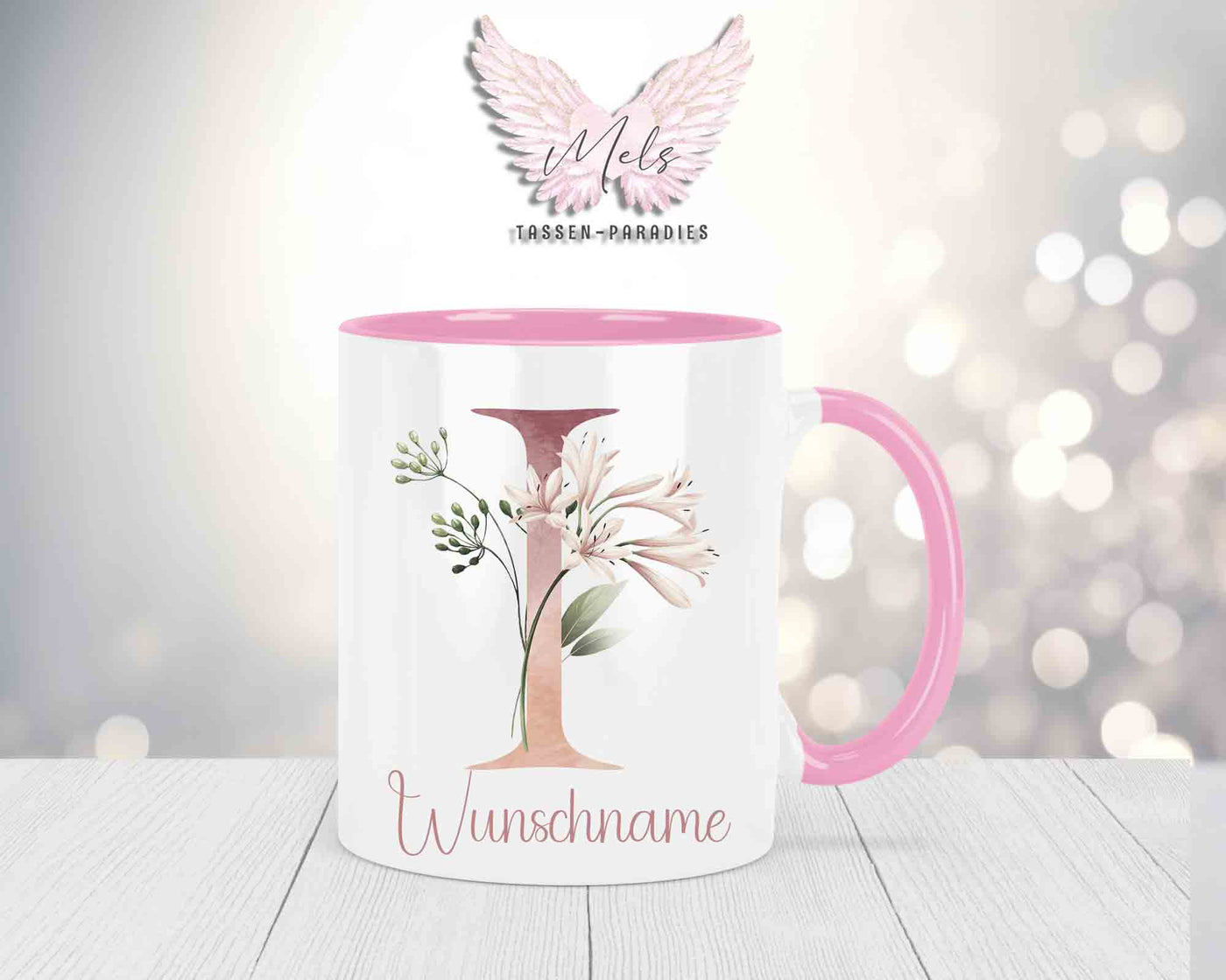 Blumen-Alphabet mit Name - Personalisierte Keramik-Tasse Rosa