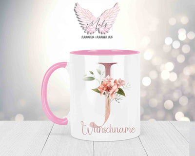 Blumen-Alphabet mit Name - Personalisierte Keramik-Tasse Rosa