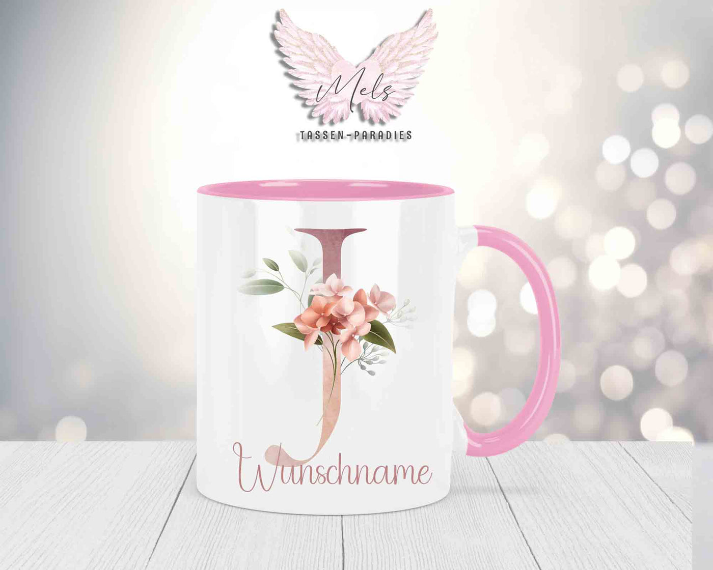Blumen-Alphabet mit Name - Personalisierte Keramik-Tasse Rosa
