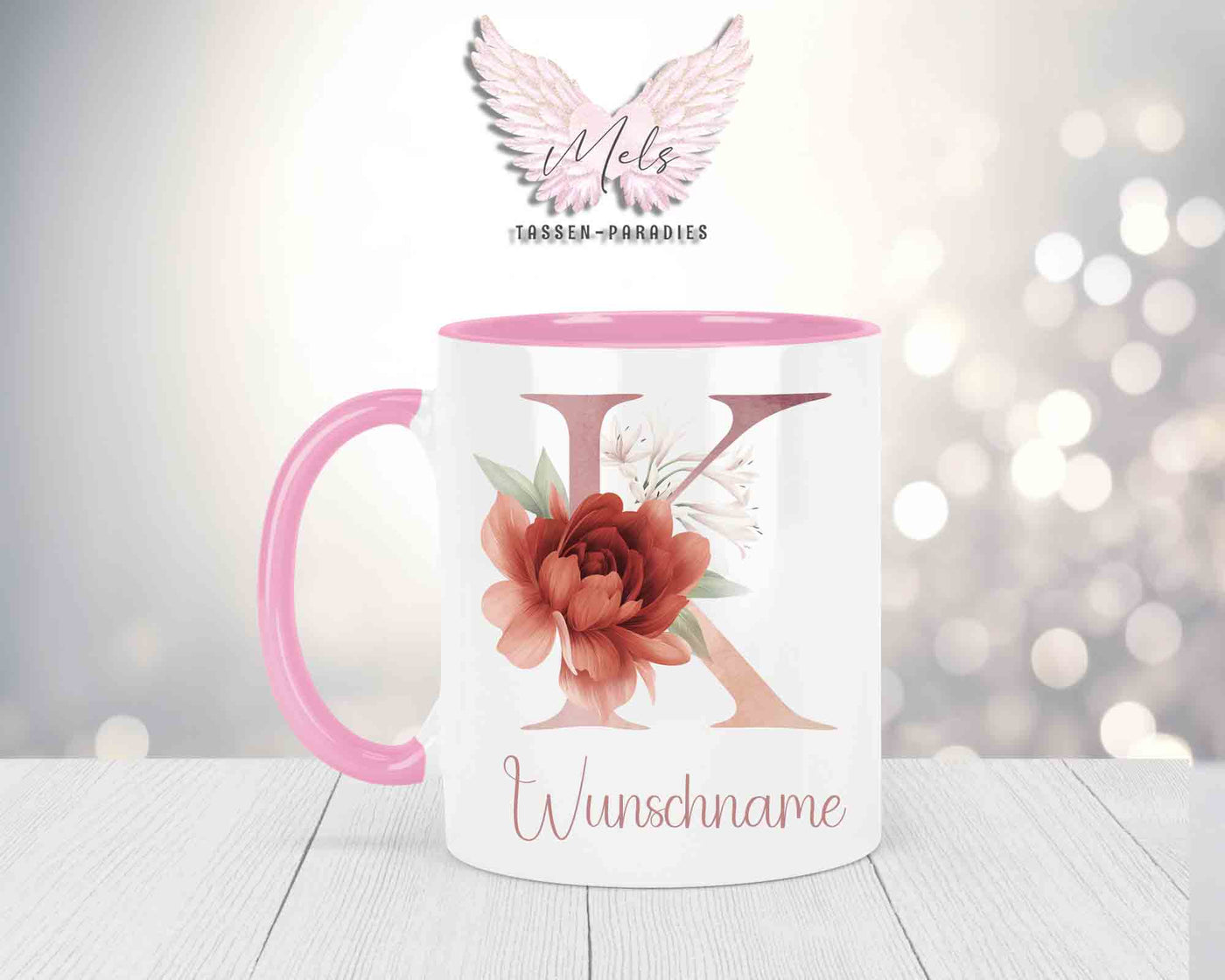 Blumen-Alphabet mit Name - Personalisierte Keramik-Tasse Rosa