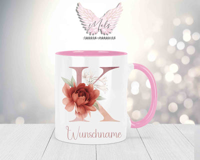 Blumen-Alphabet mit Name - Personalisierte Keramik-Tasse Rosa