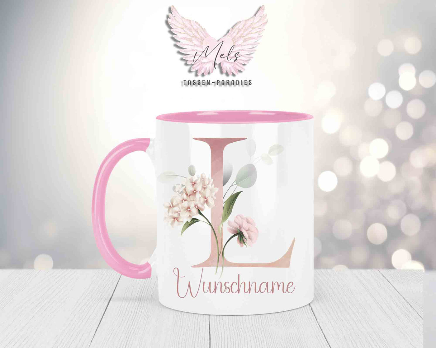 Blumen-Alphabet mit Name - Personalisierte Keramik-Tasse Rosa