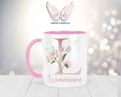 Blumen-Alphabet mit Name - Personalisierte Keramik-Tasse Rosa