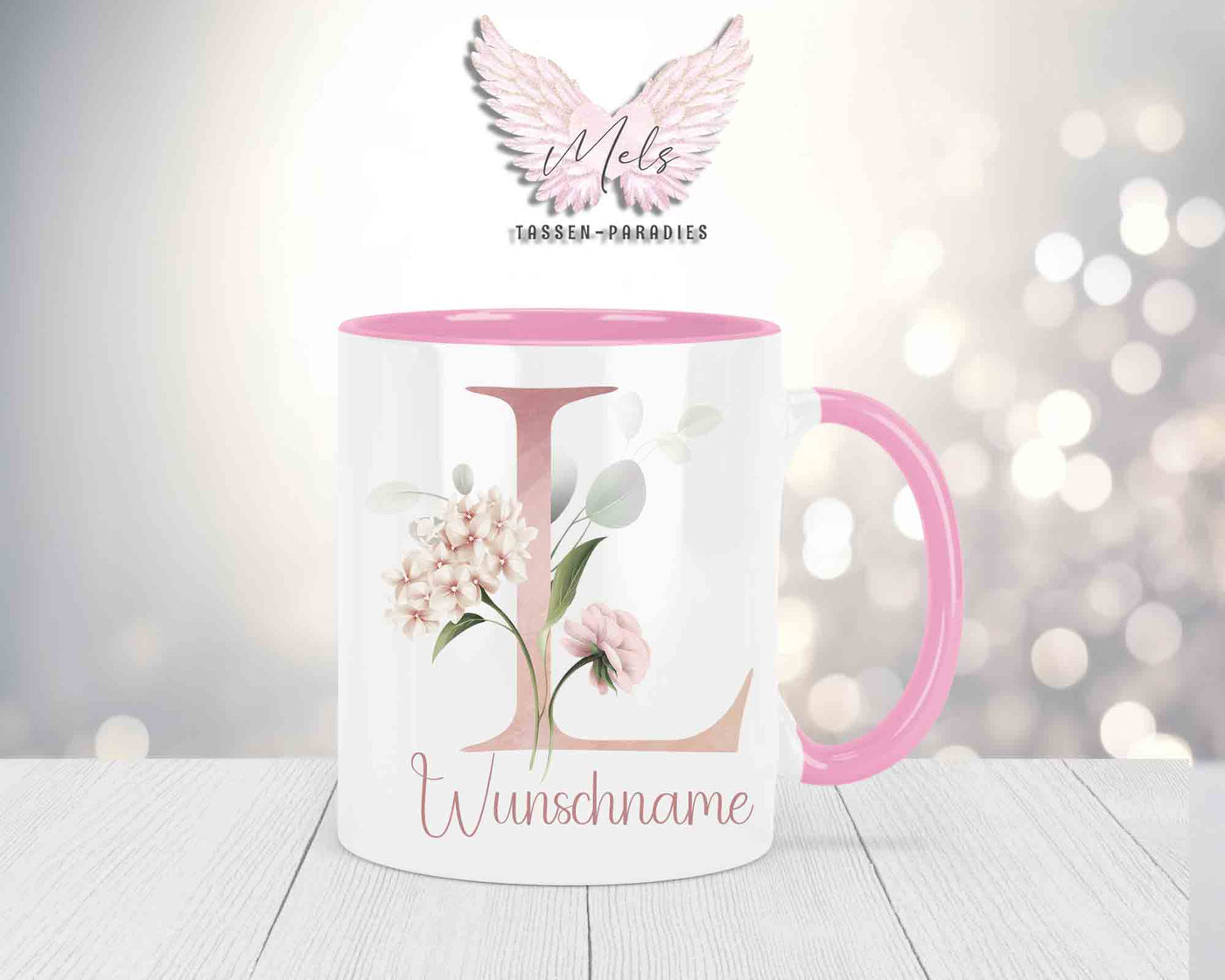 Blumen-Alphabet mit Name - Personalisierte Keramik-Tasse Rosa