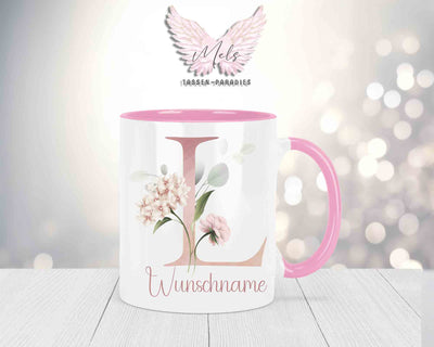 Blumen-Alphabet mit Name - Personalisierte Keramik-Tasse Rosa