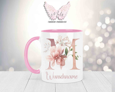Blumen-Alphabet mit Name - Personalisierte Keramik-Tasse Rosa