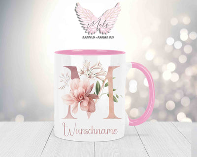 Blumen-Alphabet mit Name - Personalisierte Keramik-Tasse Rosa