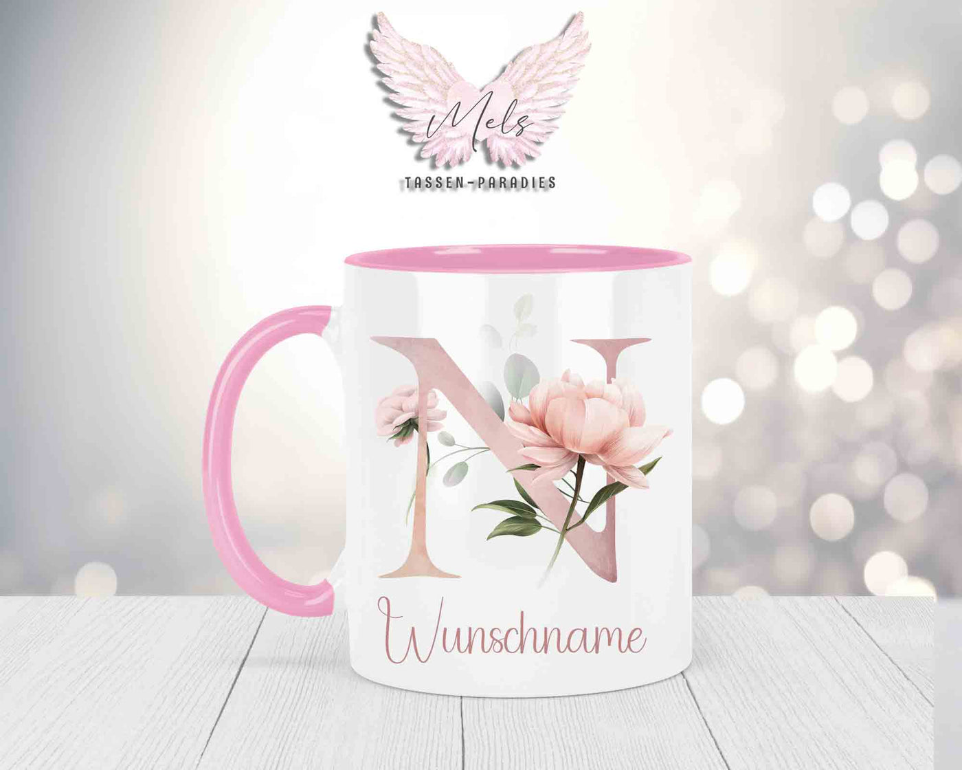 Blumen-Alphabet mit Name - Personalisierte Keramik-Tasse Rosa