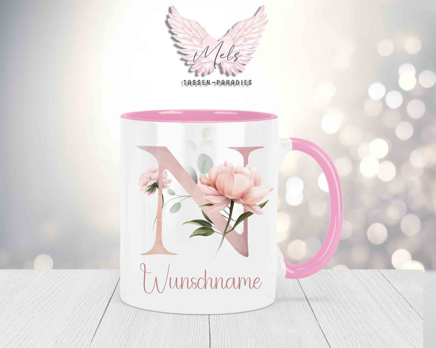 Blumen-Alphabet mit Name - Personalisierte Keramik-Tasse Rosa