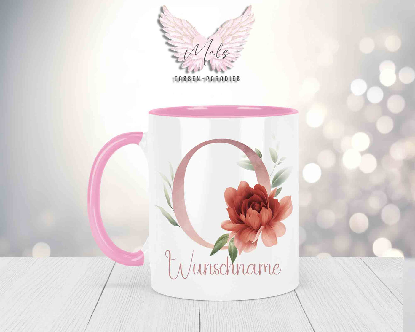 Blumen-Alphabet mit Name - Personalisierte Keramik-Tasse Rosa