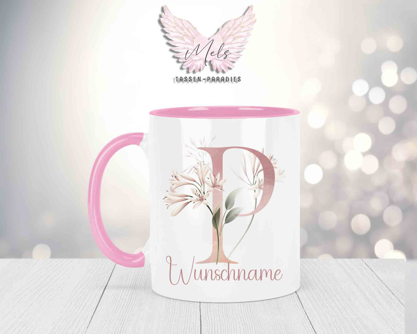 Blumen-Alphabet mit Name - Personalisierte Keramik-Tasse Rosa
