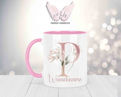 Blumen-Alphabet mit Name - Personalisierte Keramik-Tasse Rosa