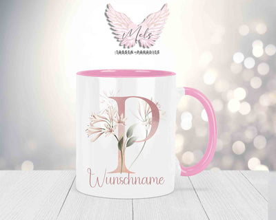 Blumen-Alphabet mit Name - Personalisierte Keramik-Tasse Rosa
