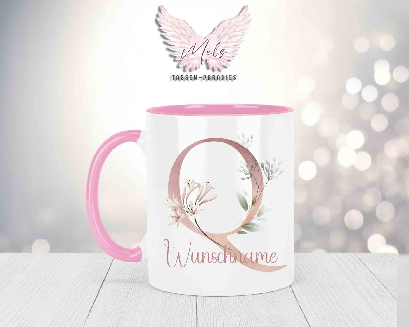 Blumen-Alphabet mit Name - Personalisierte Keramik-Tasse Rosa