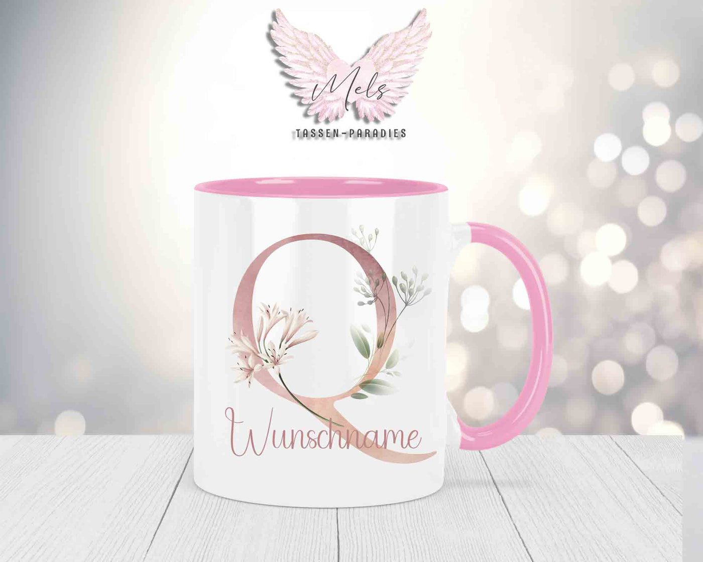 Blumen-Alphabet mit Name - Personalisierte Keramik-Tasse Rosa
