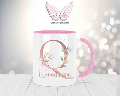 Blumen-Alphabet mit Name - Personalisierte Keramik-Tasse Rosa