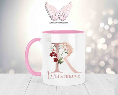 Blumen-Alphabet mit Name - Personalisierte Keramik-Tasse Rosa