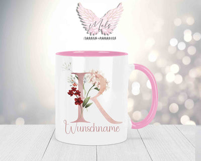 Blumen-Alphabet mit Name - Personalisierte Keramik-Tasse Rosa