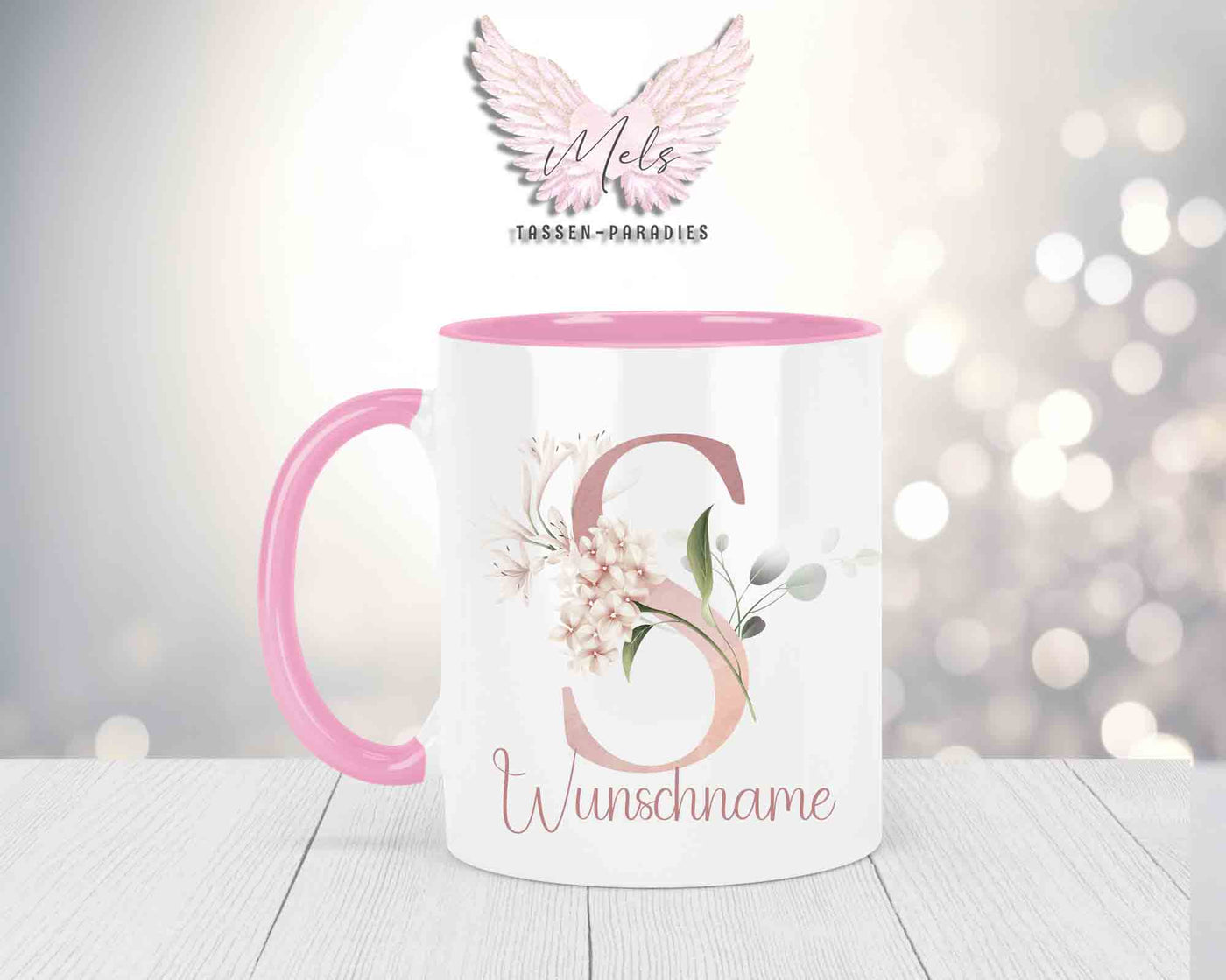 Blumen-Alphabet mit Name - Personalisierte Keramik-Tasse Rosa