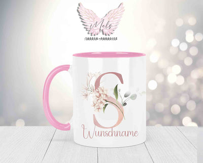 Blumen-Alphabet mit Name - Personalisierte Keramik-Tasse Rosa