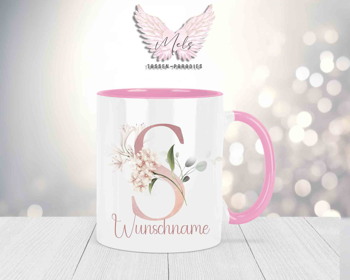 Blumen-Alphabet mit Name - Personalisierte Keramik-Tasse Rosa