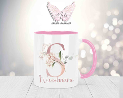 Blumen-Alphabet mit Name - Personalisierte Keramik-Tasse Rosa