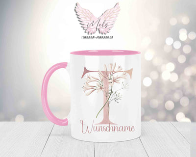Blumen-Alphabet mit Name - Personalisierte Keramik-Tasse Rosa