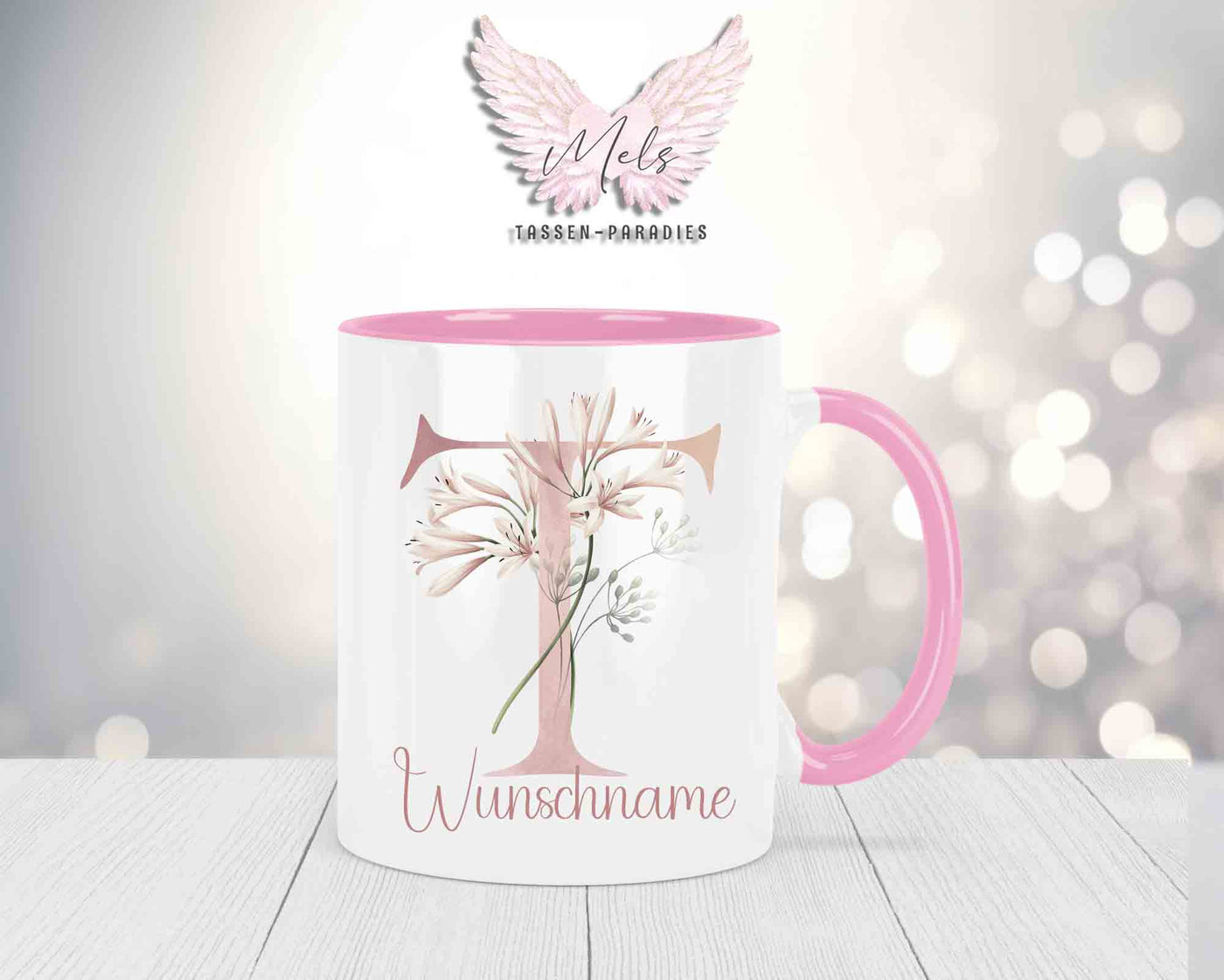 Blumen-Alphabet mit Name - Personalisierte Keramik-Tasse Rosa
