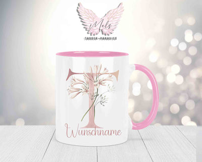 Blumen-Alphabet mit Name - Personalisierte Keramik-Tasse Rosa