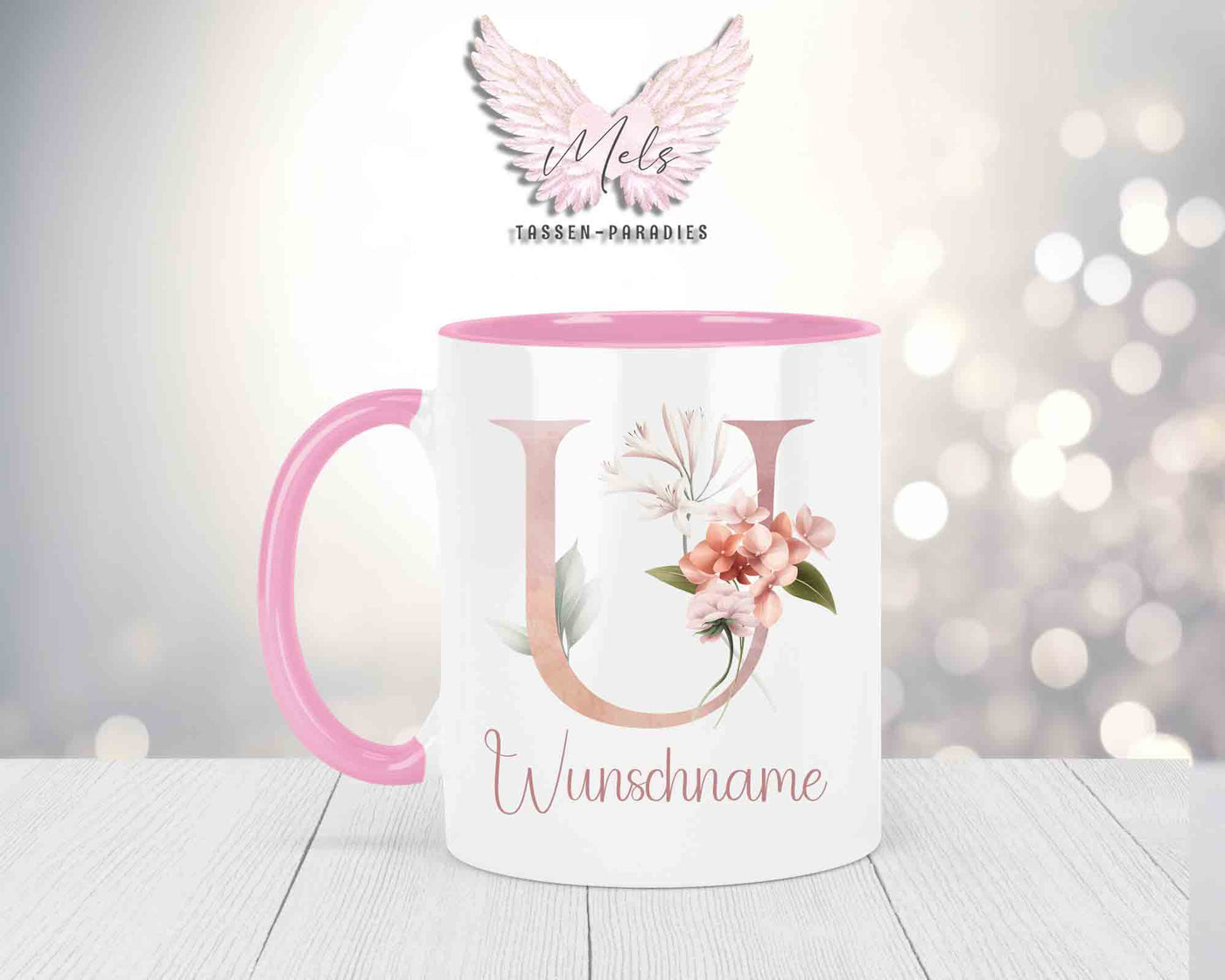 Blumen-Alphabet mit Name - Personalisierte Keramik-Tasse Rosa
