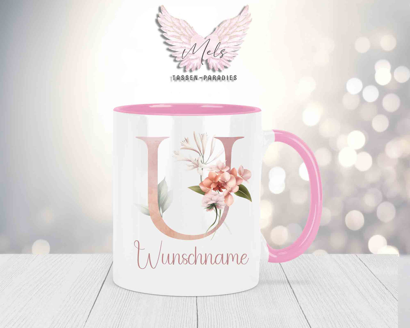 Blumen-Alphabet mit Name - Personalisierte Keramik-Tasse Rosa