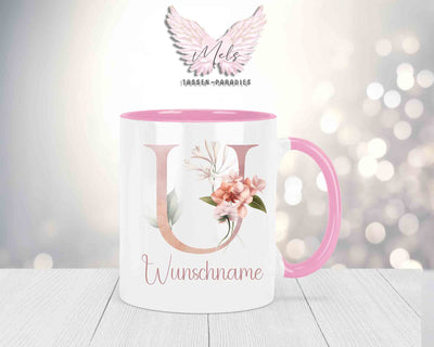 Blumen-Alphabet mit Name - Personalisierte Keramik-Tasse Rosa