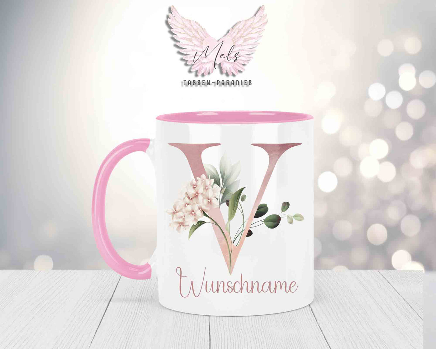 Blumen-Alphabet mit Name - Personalisierte Keramik-Tasse Rosa
