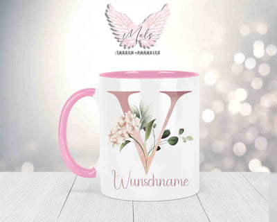 Blumen-Alphabet mit Name - Personalisierte Keramik-Tasse Rosa