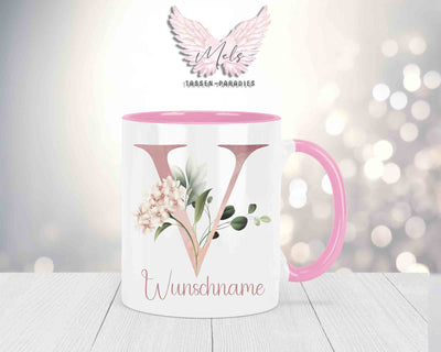 Blumen-Alphabet mit Name - Personalisierte Keramik-Tasse Rosa