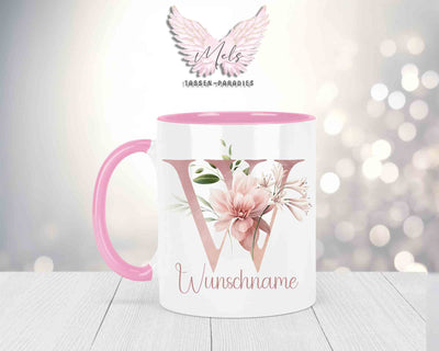 Blumen-Alphabet mit Name - Personalisierte Keramik-Tasse Rosa