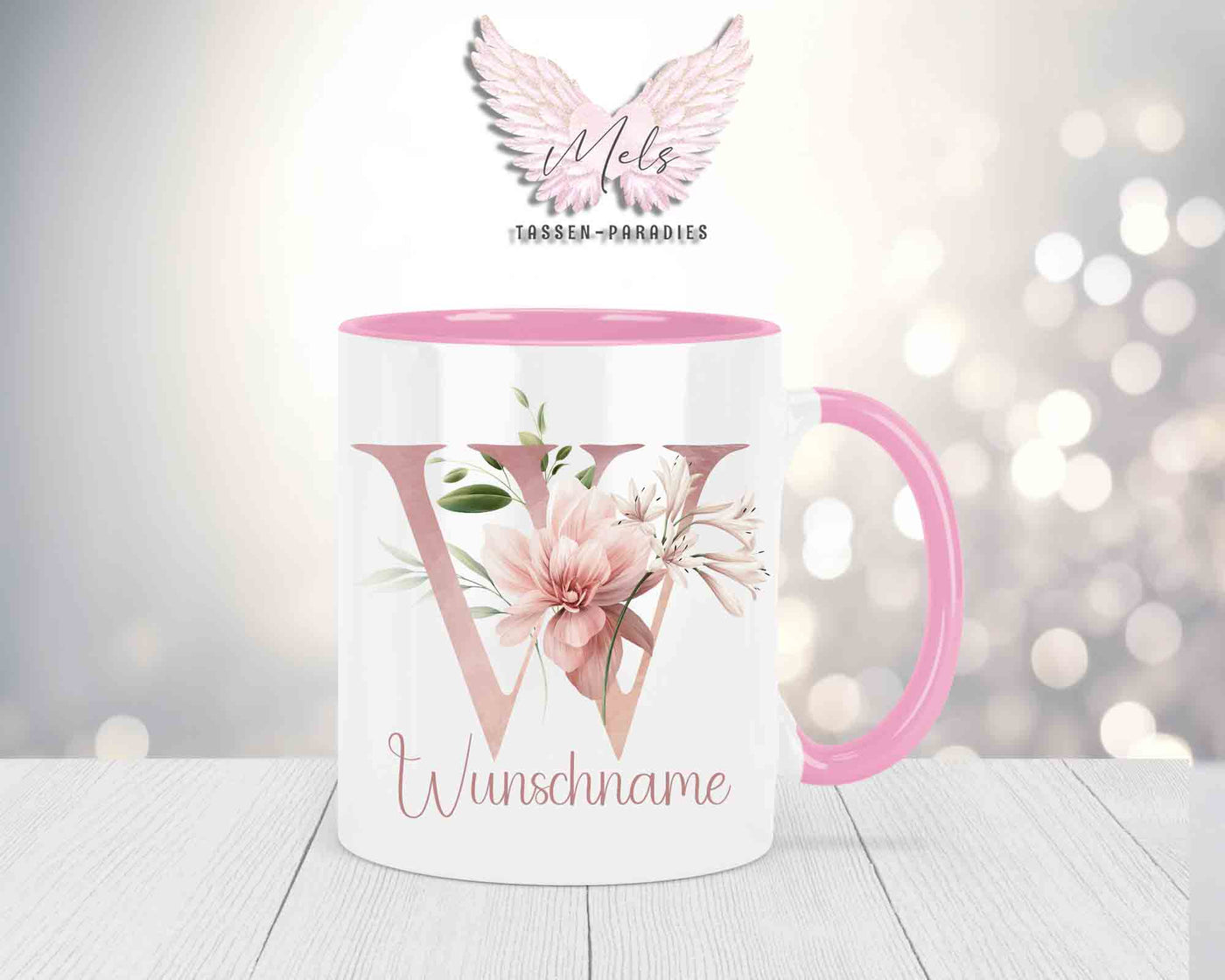Blumen-Alphabet mit Name - Personalisierte Keramik-Tasse Rosa