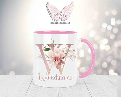 Blumen-Alphabet mit Name - Personalisierte Keramik-Tasse Rosa