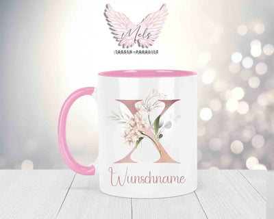 Blumen-Alphabet mit Name - Personalisierte Keramik-Tasse Rosa